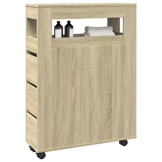 Badkamerkast smal met wielen bewerkt hout sonoma eikenkleurig is nu te koop bij PeponiXL, paradijselijk wonen!