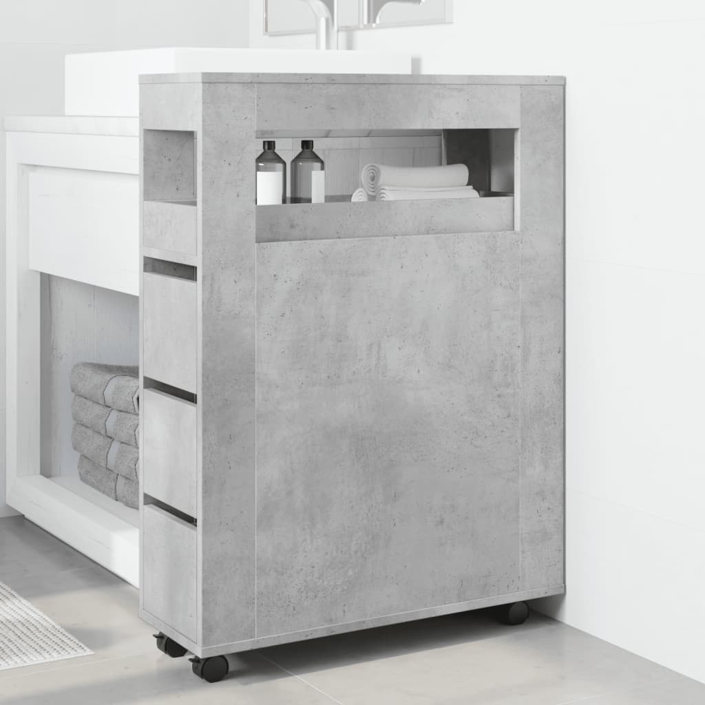 Badkamerkast smal met wielen bewerkt hout betongrijs is nu te koop bij PeponiXL, paradijselijk wonen!