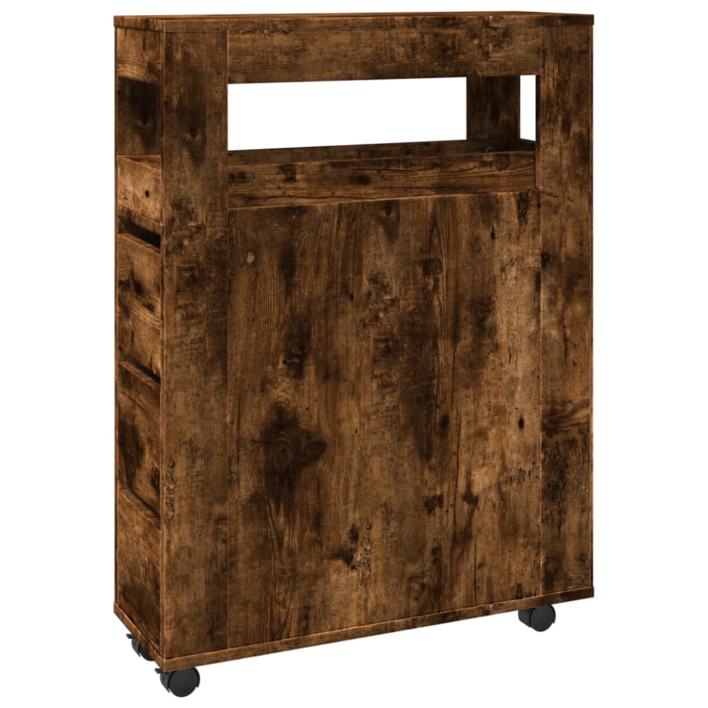 Badkamerkast smal met wielen bewerkt hout gerookt eikenkleurig is nu te koop bij PeponiXL, paradijselijk wonen!