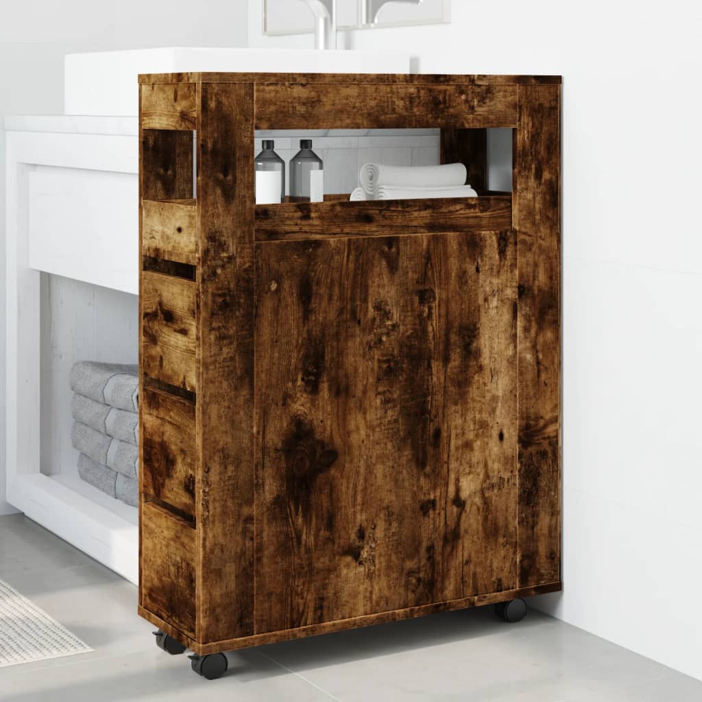 Badkamerkast smal met wielen bewerkt hout gerookt eikenkleurig is nu te koop bij PeponiXL, paradijselijk wonen!