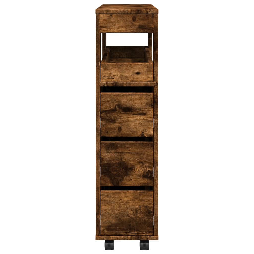 Badkamerkast smal met wielen bewerkt hout gerookt eikenkleurig is nu te koop bij PeponiXL, paradijselijk wonen!