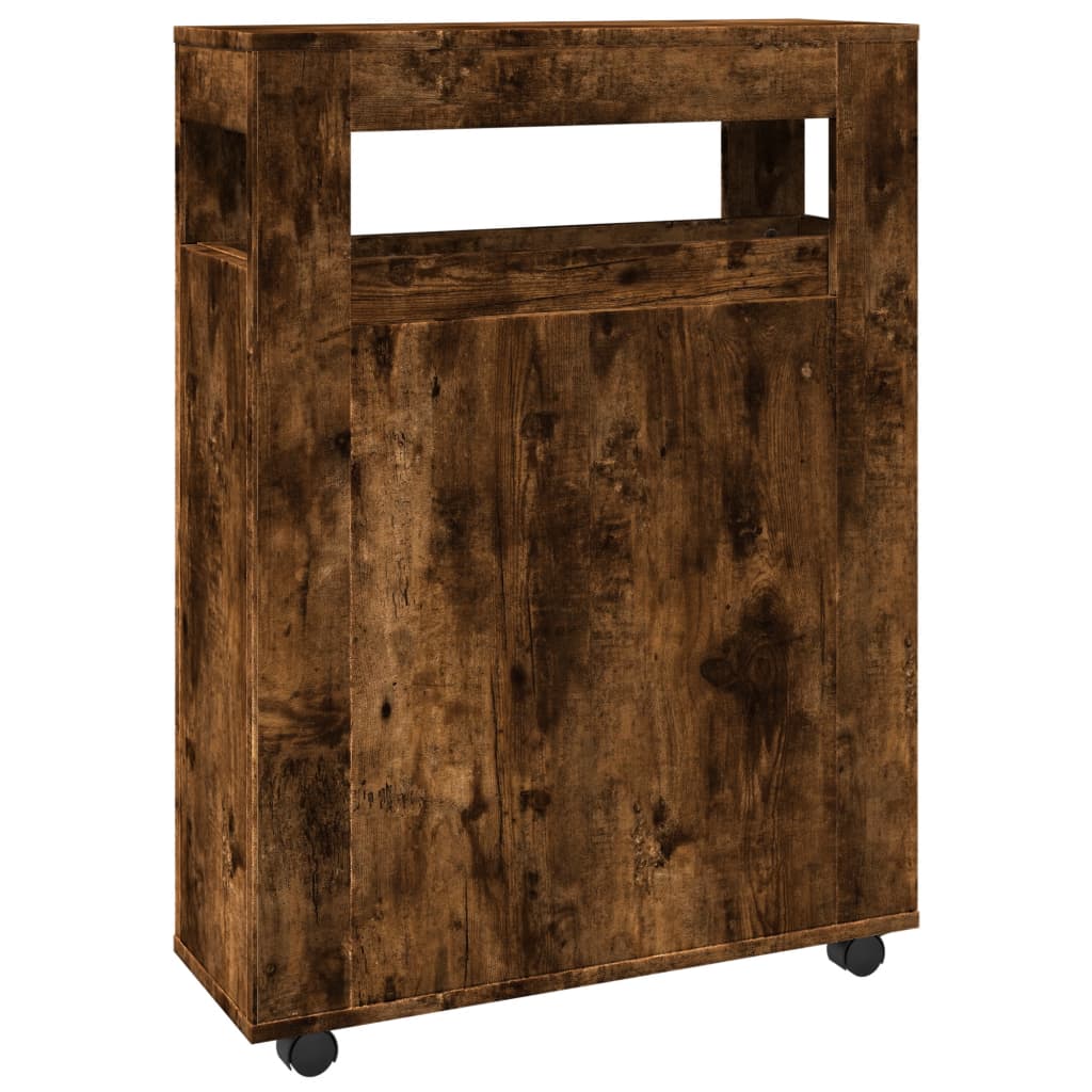 Badkamerkast smal met wielen bewerkt hout gerookt eikenkleurig is nu te koop bij PeponiXL, paradijselijk wonen!