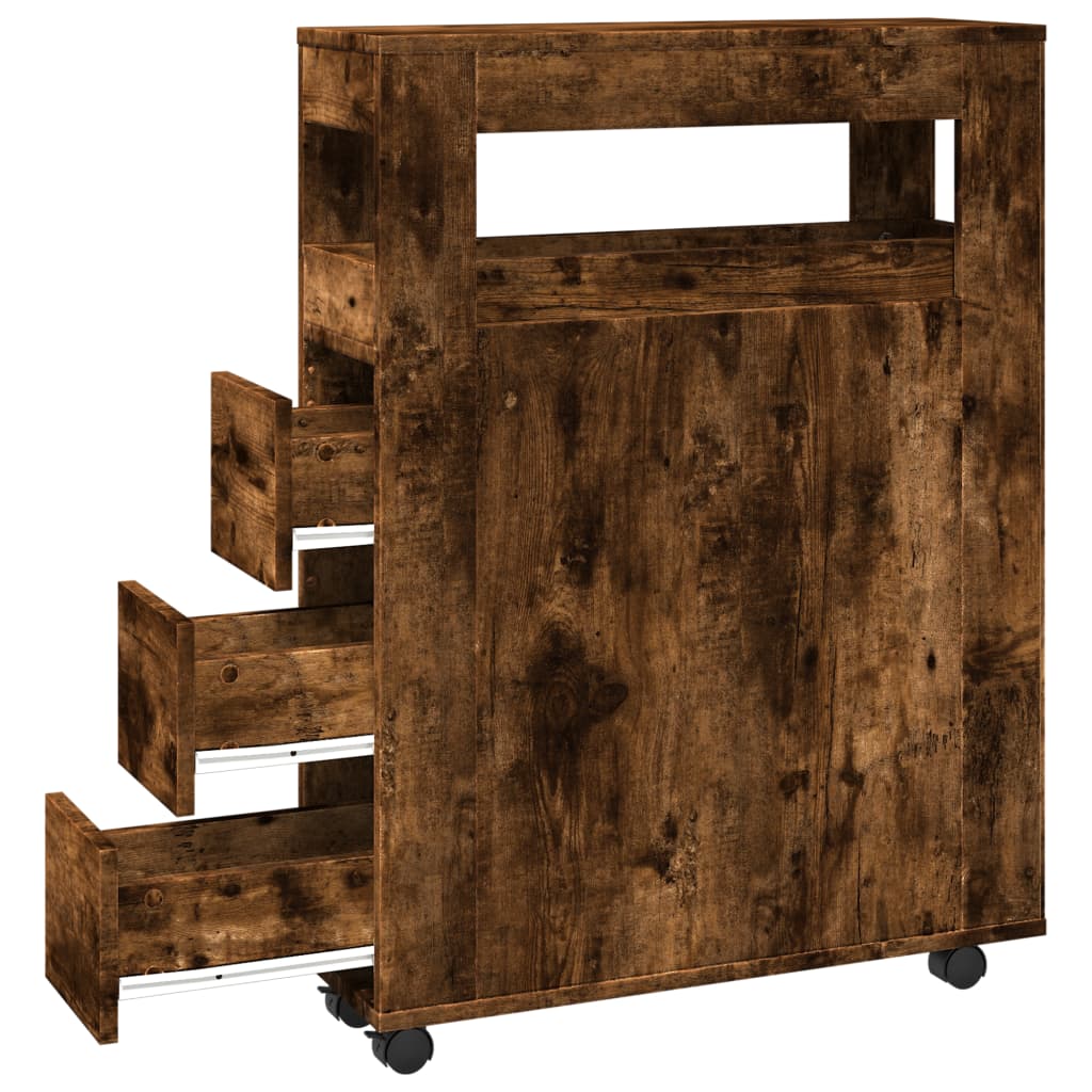 Badkamerkast smal met wielen bewerkt hout gerookt eikenkleurig is nu te koop bij PeponiXL, paradijselijk wonen!