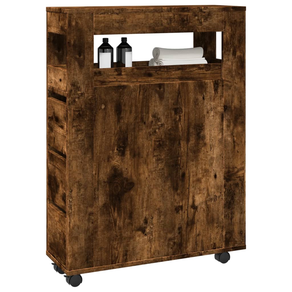 Badkamerkast smal met wielen bewerkt hout gerookt eikenkleurig is nu te koop bij PeponiXL, paradijselijk wonen!