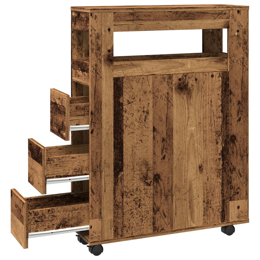 Badkamerkast smal met wielen bewerkt hout oud houtkleurig is nu te koop bij PeponiXL, paradijselijk wonen!