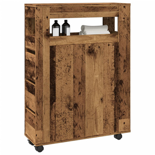 Badkamerkast smal met wielen bewerkt hout oud houtkleurig is nu te koop bij PeponiXL, paradijselijk wonen!