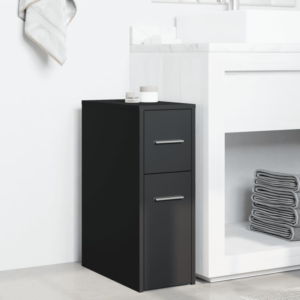 Badkamerkast smal met wielen bewerkt hout zwart is nu te koop bij PeponiXL, paradijselijk wonen!
