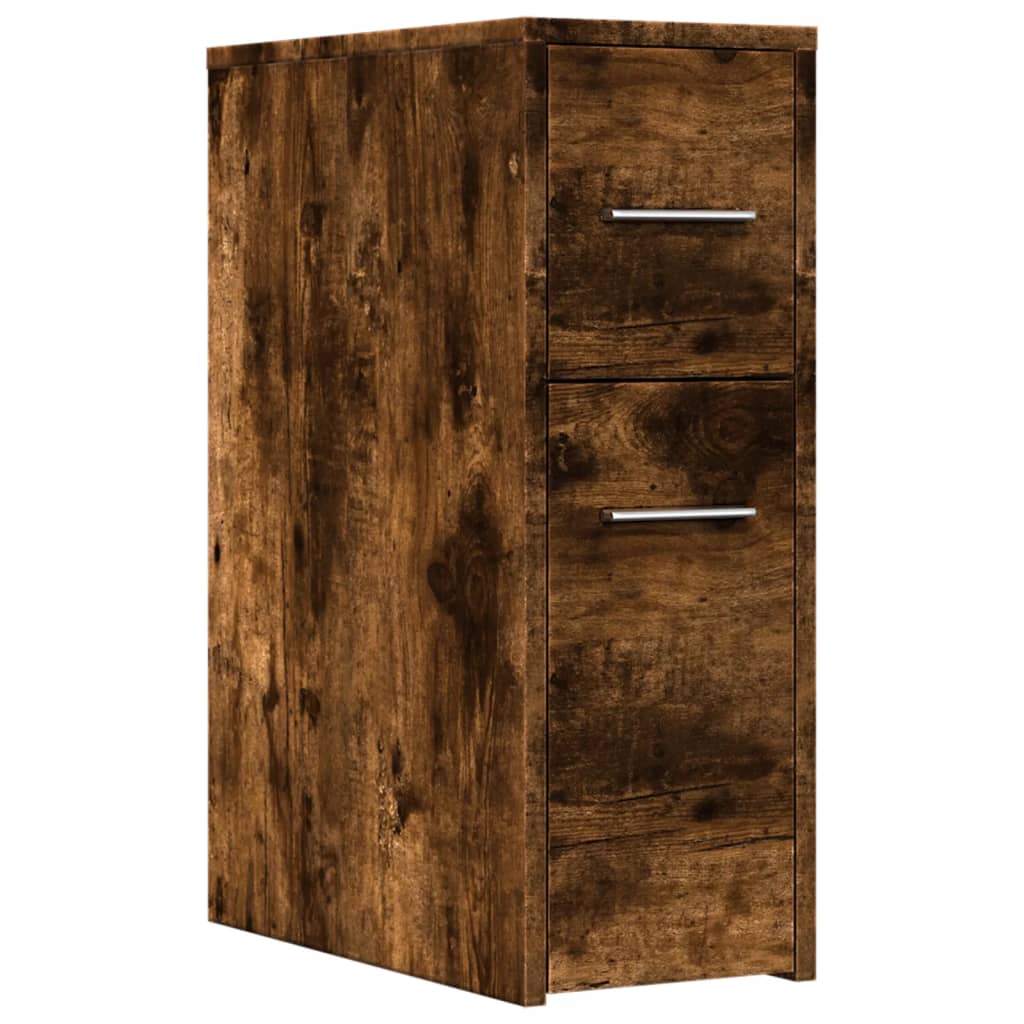 Badkamerkast smal met wielen bewerkt hout gerookt eikenkleurig is nu te koop bij PeponiXL, paradijselijk wonen!