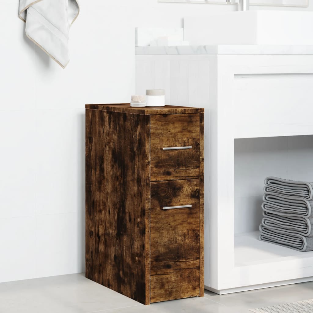 Badkamerkast smal met wielen bewerkt hout gerookt eikenkleurig is nu te koop bij PeponiXL, paradijselijk wonen!