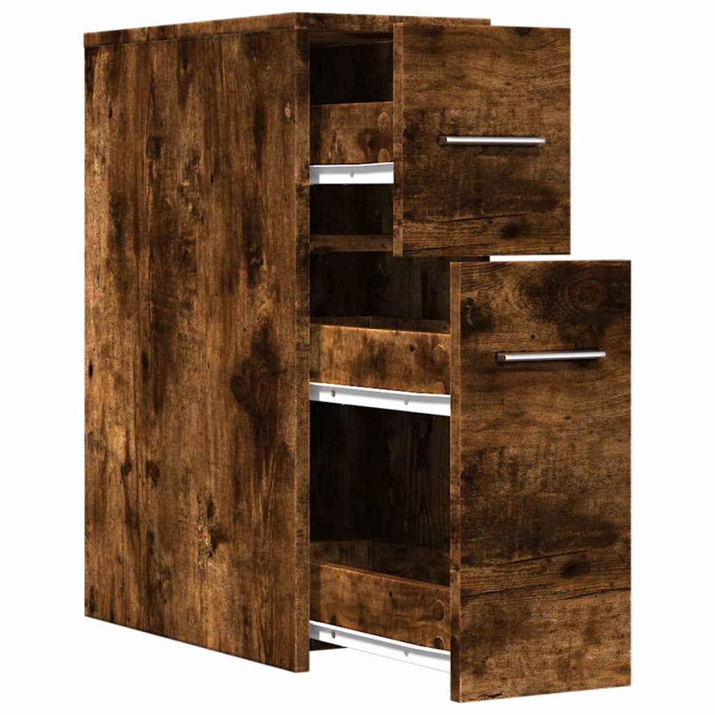 Badkamerkast smal met wielen bewerkt hout gerookt eikenkleurig is nu te koop bij PeponiXL, paradijselijk wonen!