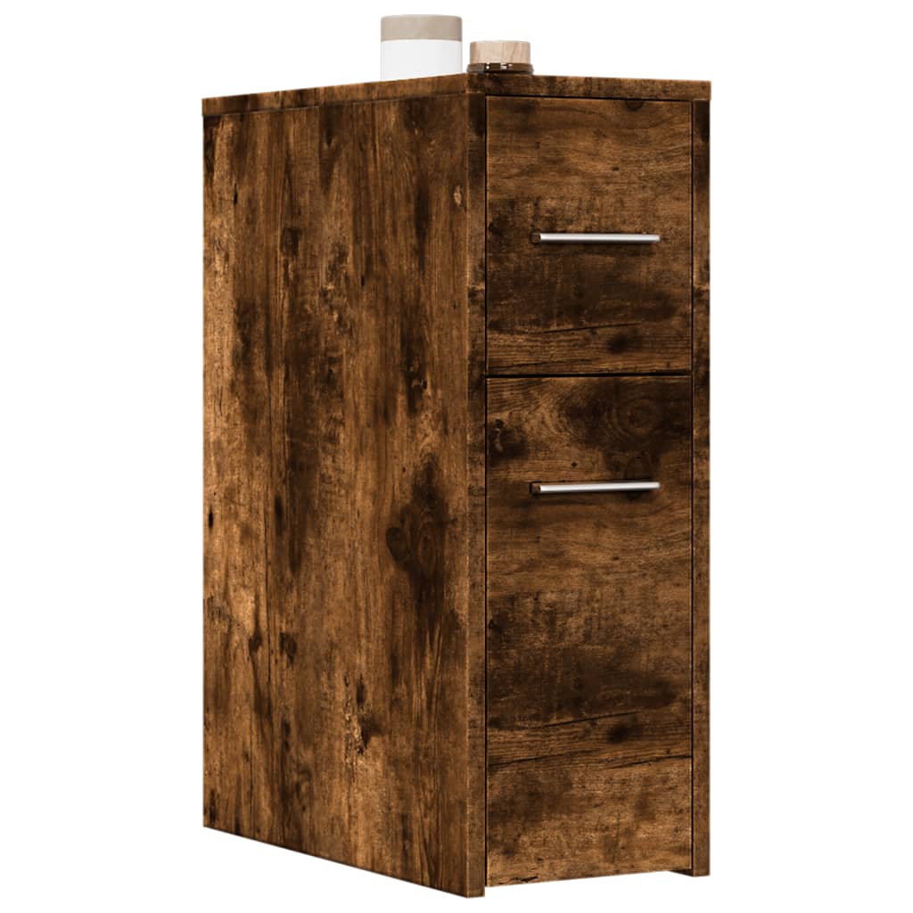 Badkamerkast smal met wielen bewerkt hout gerookt eikenkleurig is nu te koop bij PeponiXL, paradijselijk wonen!