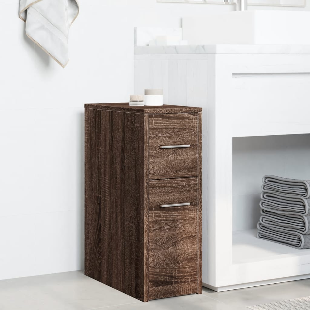 Badkamerkast smal met wielen bewerkt hout bruin eikenkleurig is nu te koop bij PeponiXL, paradijselijk wonen!