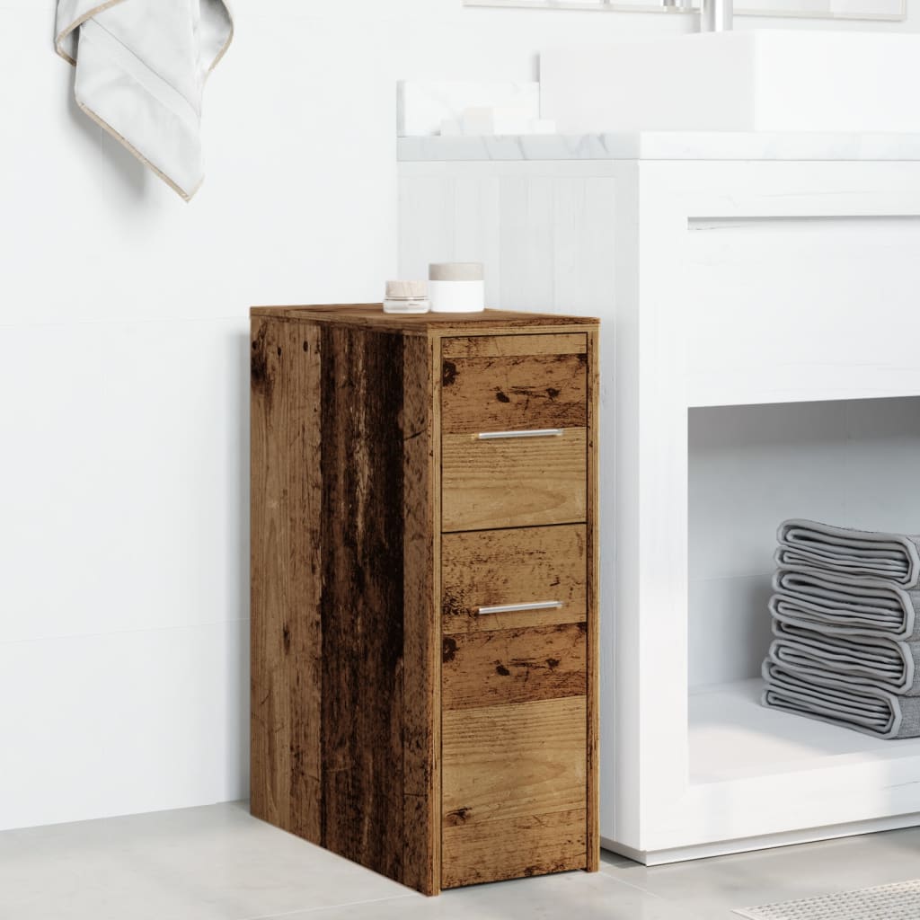 Badkamerkast smal met wielen bewerkt hout oud houtkleurig is nu te koop bij PeponiXL, paradijselijk wonen!