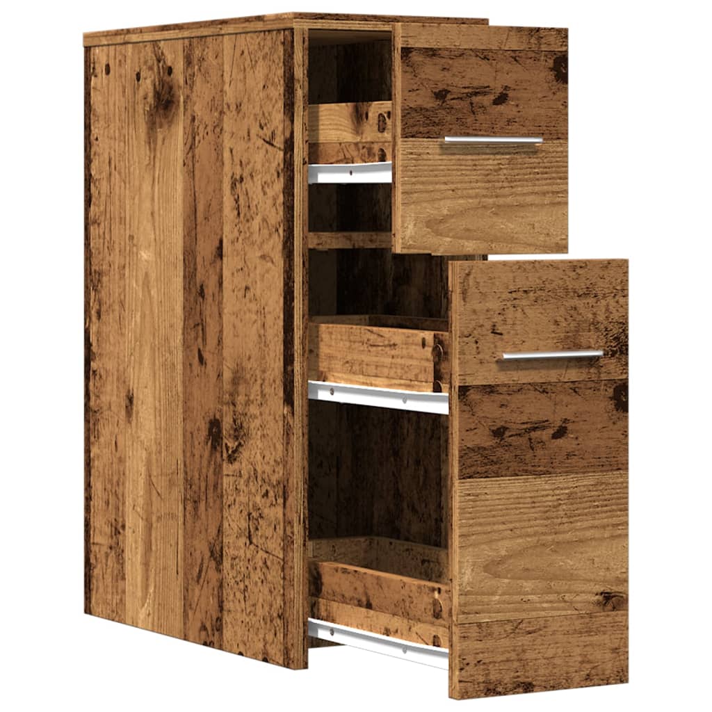 Badkamerkast smal met wielen bewerkt hout oud houtkleurig is nu te koop bij PeponiXL, paradijselijk wonen!