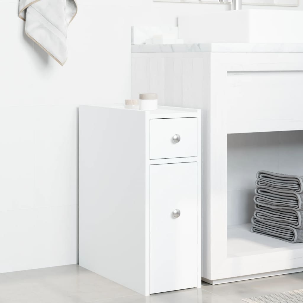 Badkamerkast smal met wielen bewerkt hout wit is nu te koop bij PeponiXL, paradijselijk wonen!