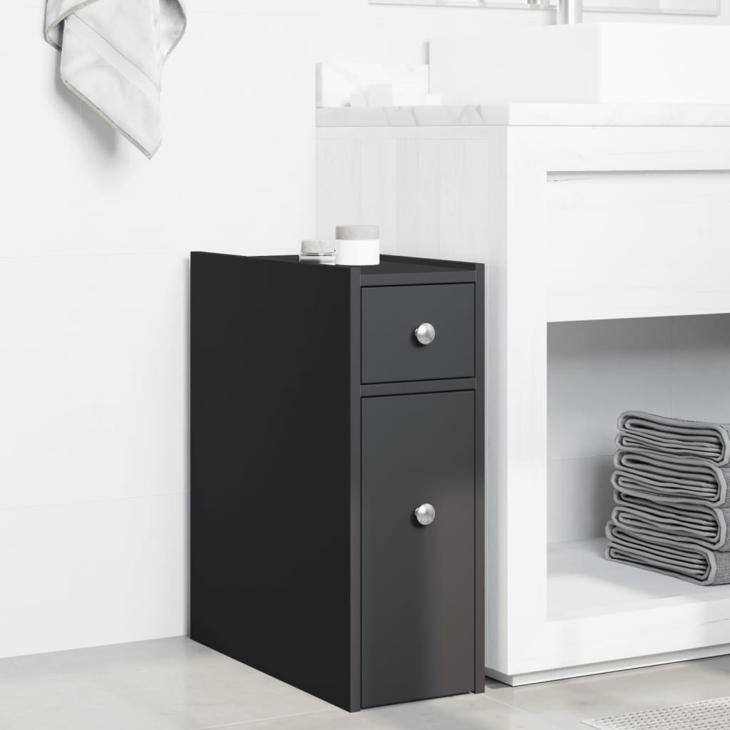 Badkamerkast smal met wielen bewerkt hout zwart is nu te koop bij PeponiXL, paradijselijk wonen!