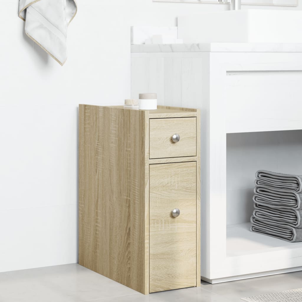 Badkamerkast smal met wielen bewerkt hout sonoma eikenkleurig is nu te koop bij PeponiXL, paradijselijk wonen!