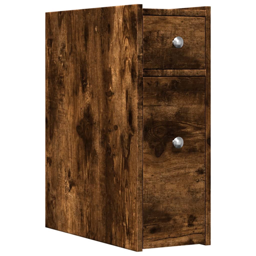 Badkamerkast smal met wielen bewerkt hout gerookt eikenkleurig is nu te koop bij PeponiXL, paradijselijk wonen!