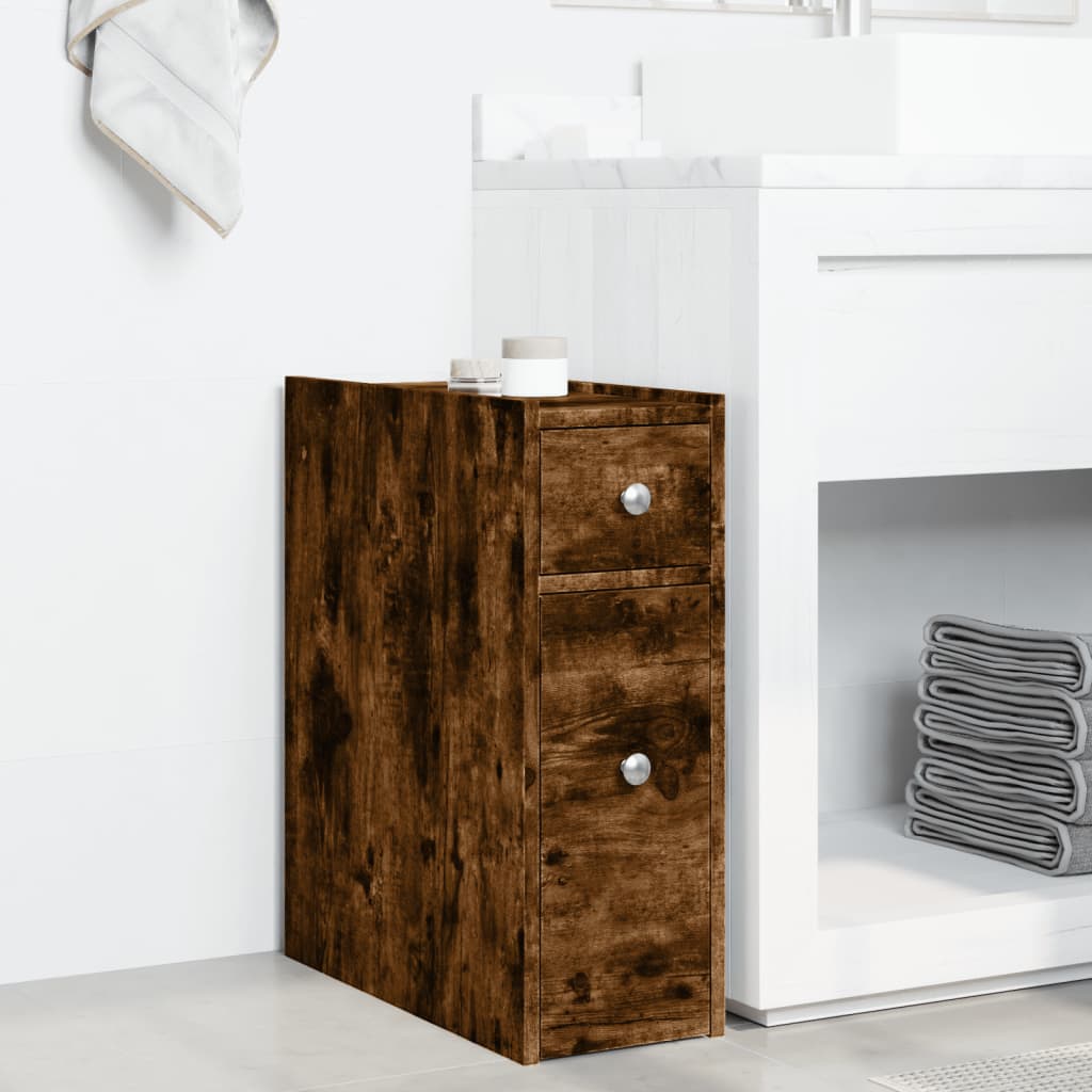 Badkamerkast smal met wielen bewerkt hout gerookt eikenkleurig is nu te koop bij PeponiXL, paradijselijk wonen!