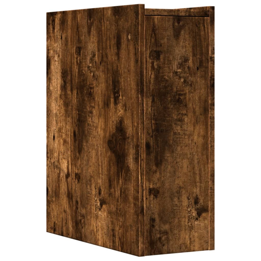 Badkamerkast smal met wielen bewerkt hout gerookt eikenkleurig is nu te koop bij PeponiXL, paradijselijk wonen!
