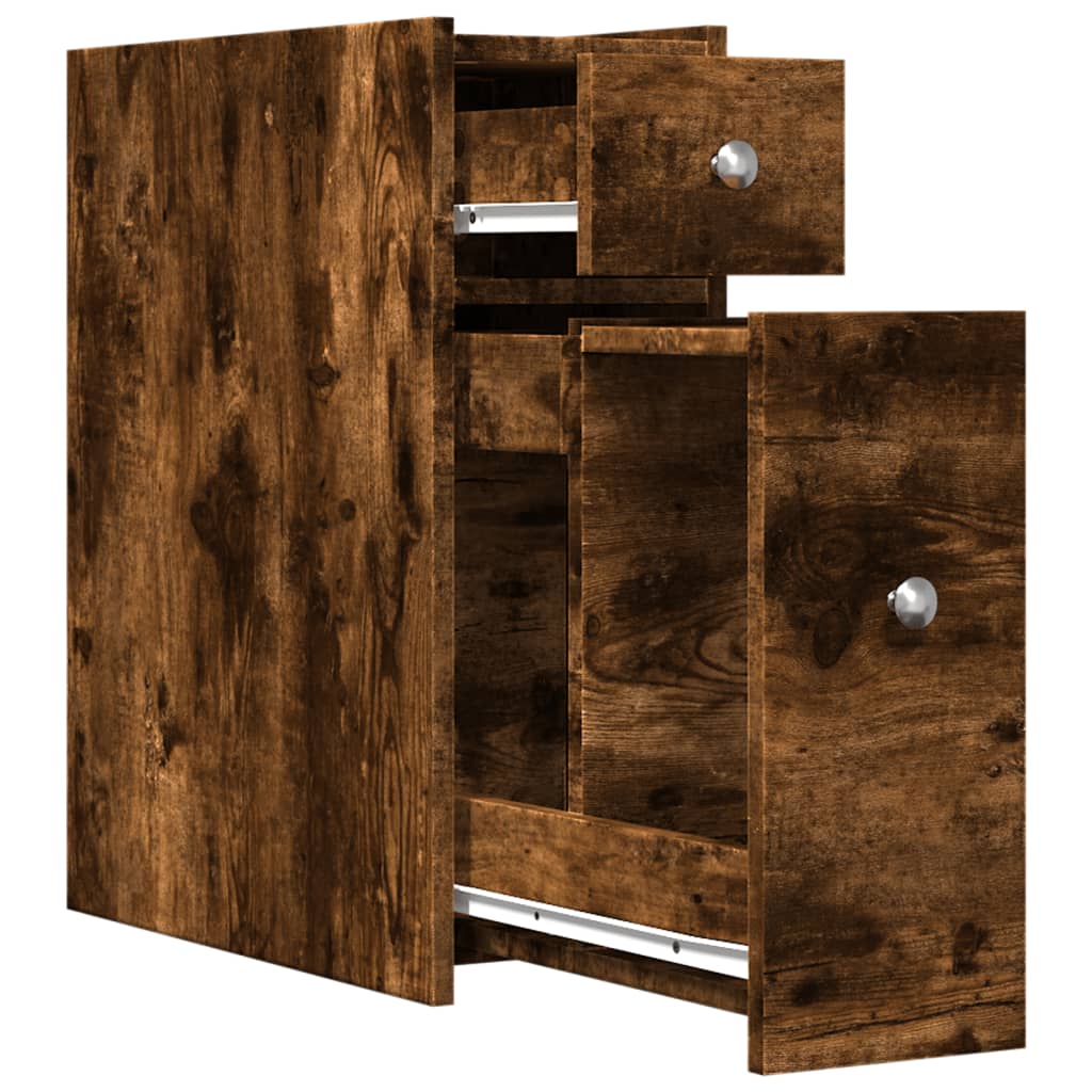 Badkamerkast smal met wielen bewerkt hout gerookt eikenkleurig is nu te koop bij PeponiXL, paradijselijk wonen!
