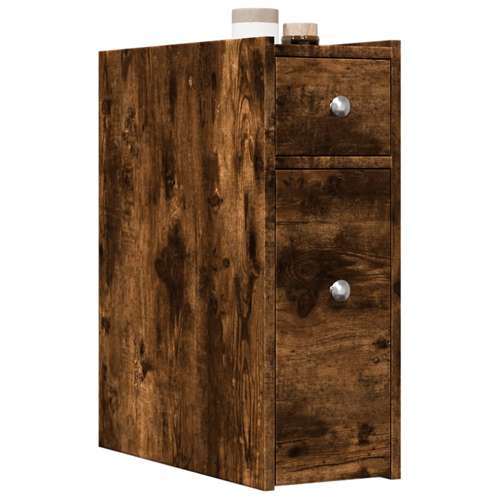 Badkamerkast smal met wielen bewerkt hout gerookt eikenkleurig is nu te koop bij PeponiXL, paradijselijk wonen!