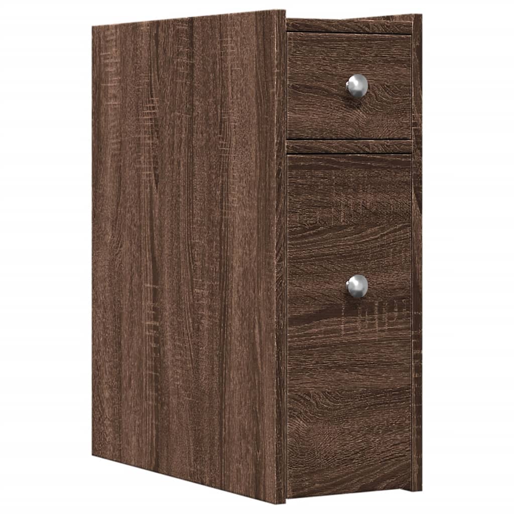 Badkamerkast smal met wielen bewerkt hout bruin eikenkleurig is nu te koop bij PeponiXL, paradijselijk wonen!