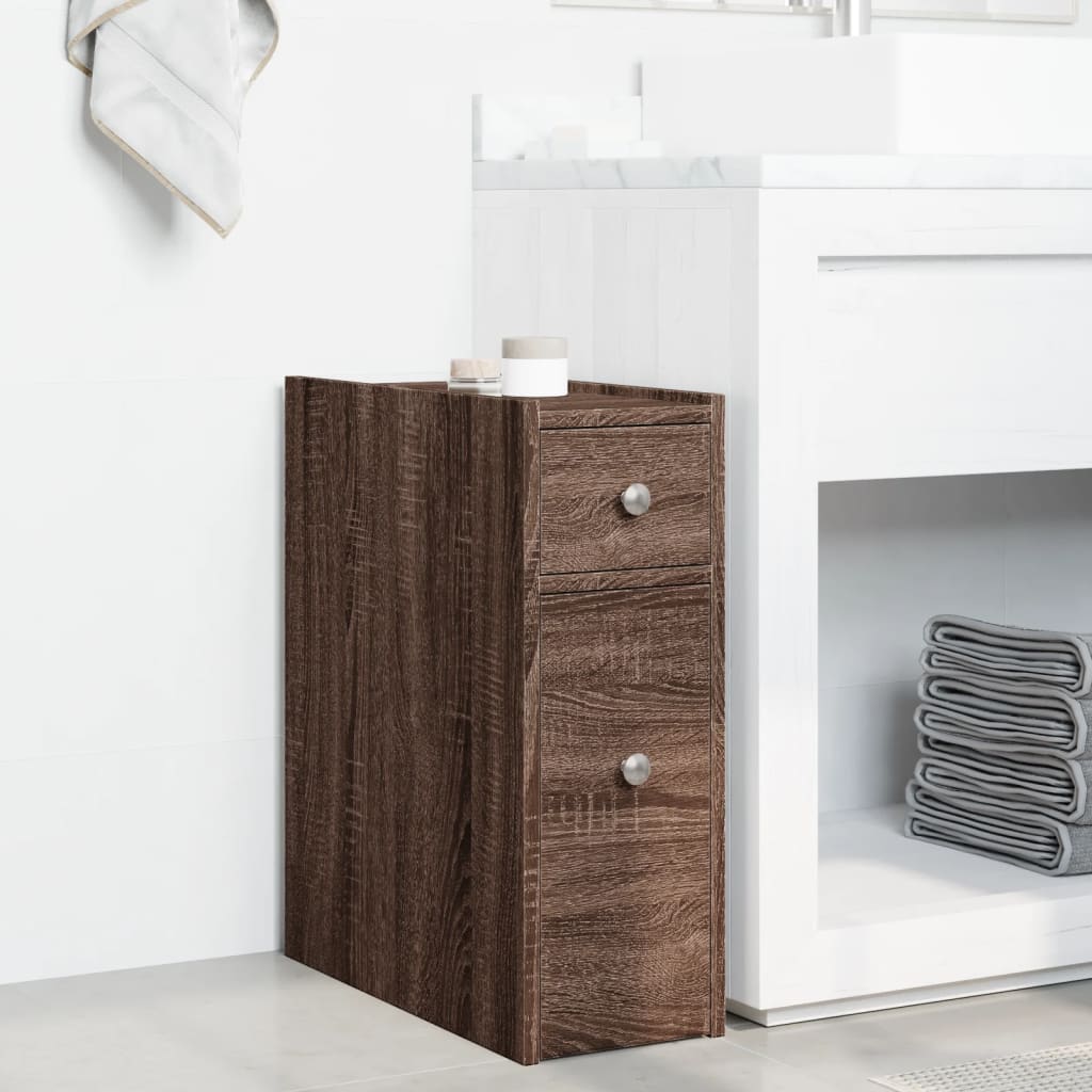 Badkamerkast smal met wielen bewerkt hout bruin eikenkleurig is nu te koop bij PeponiXL, paradijselijk wonen!