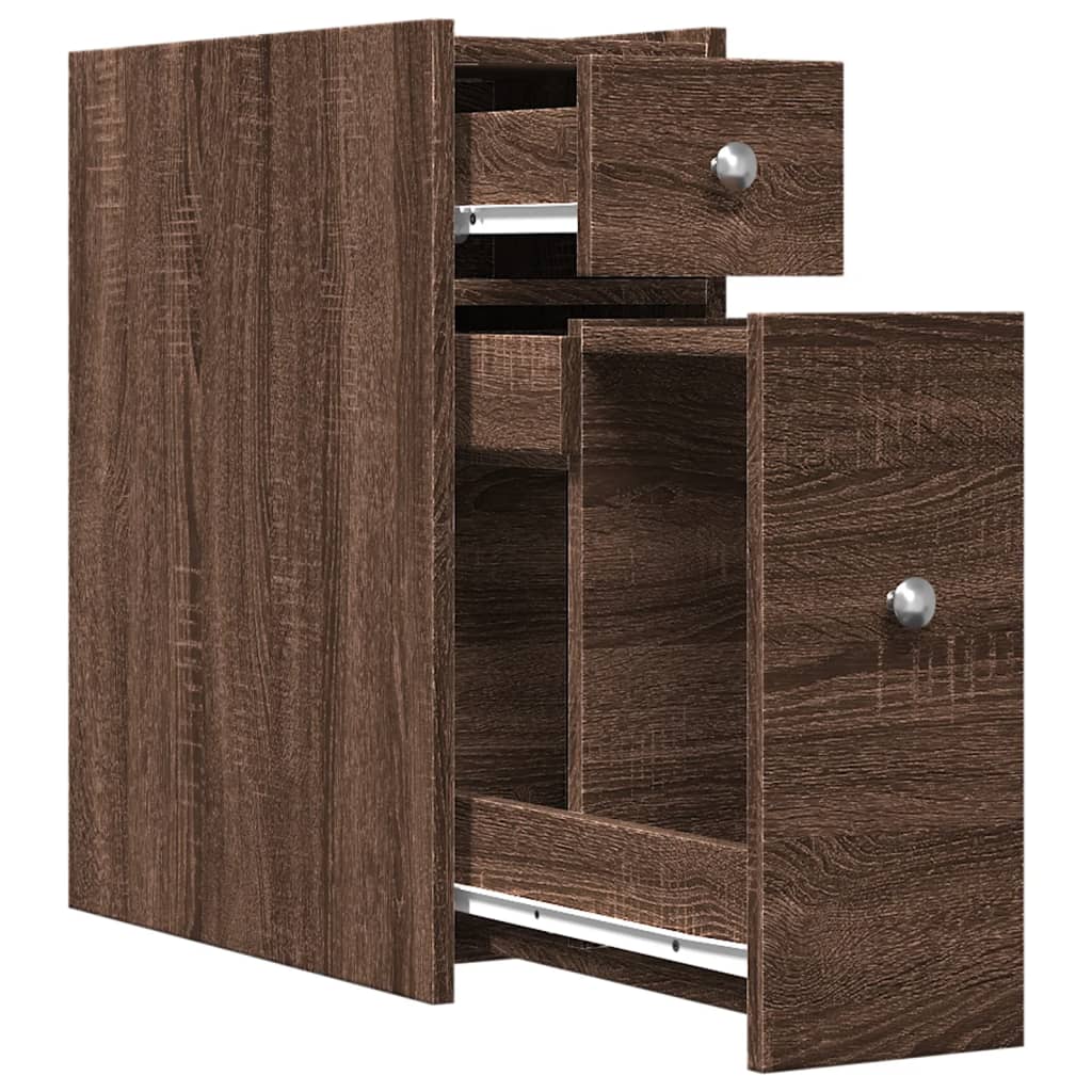 Badkamerkast smal met wielen bewerkt hout bruin eikenkleurig is nu te koop bij PeponiXL, paradijselijk wonen!