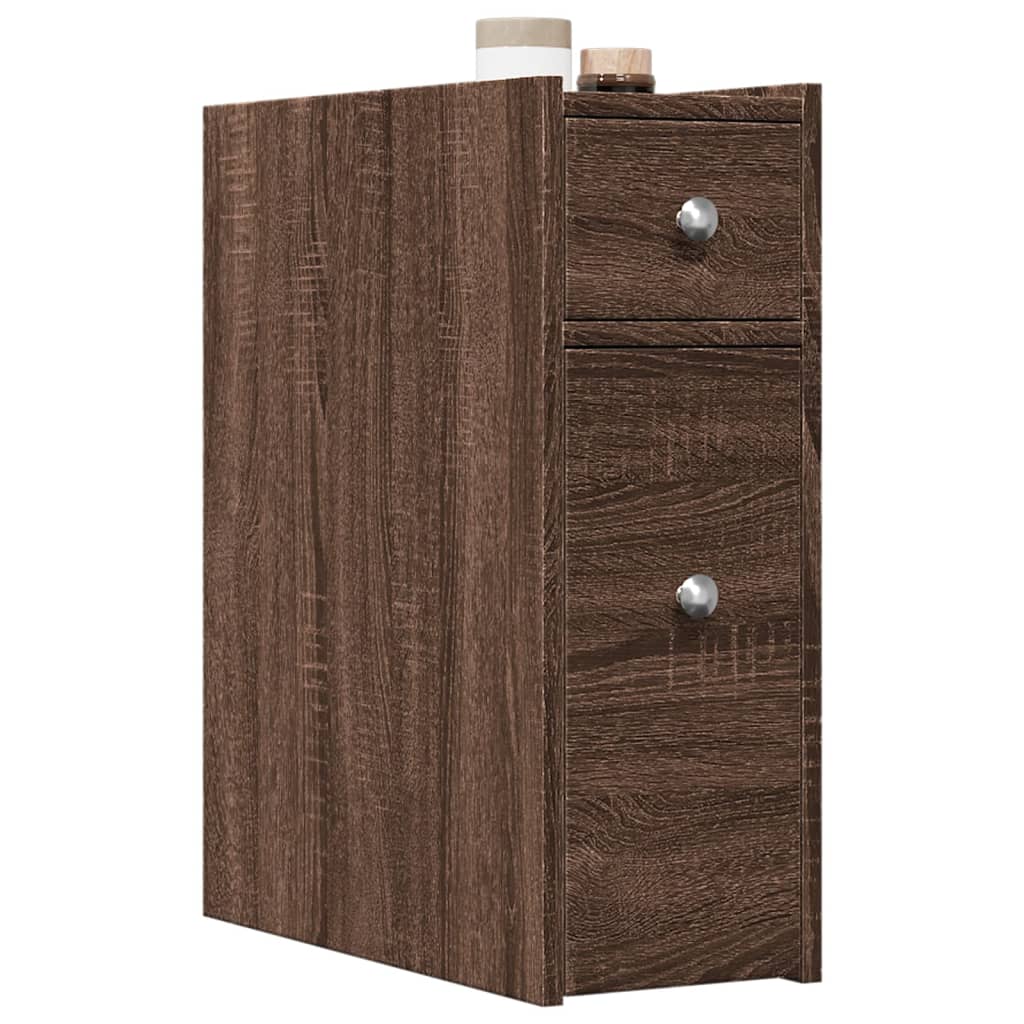 Badkamerkast smal met wielen bewerkt hout bruin eikenkleurig is nu te koop bij PeponiXL, paradijselijk wonen!