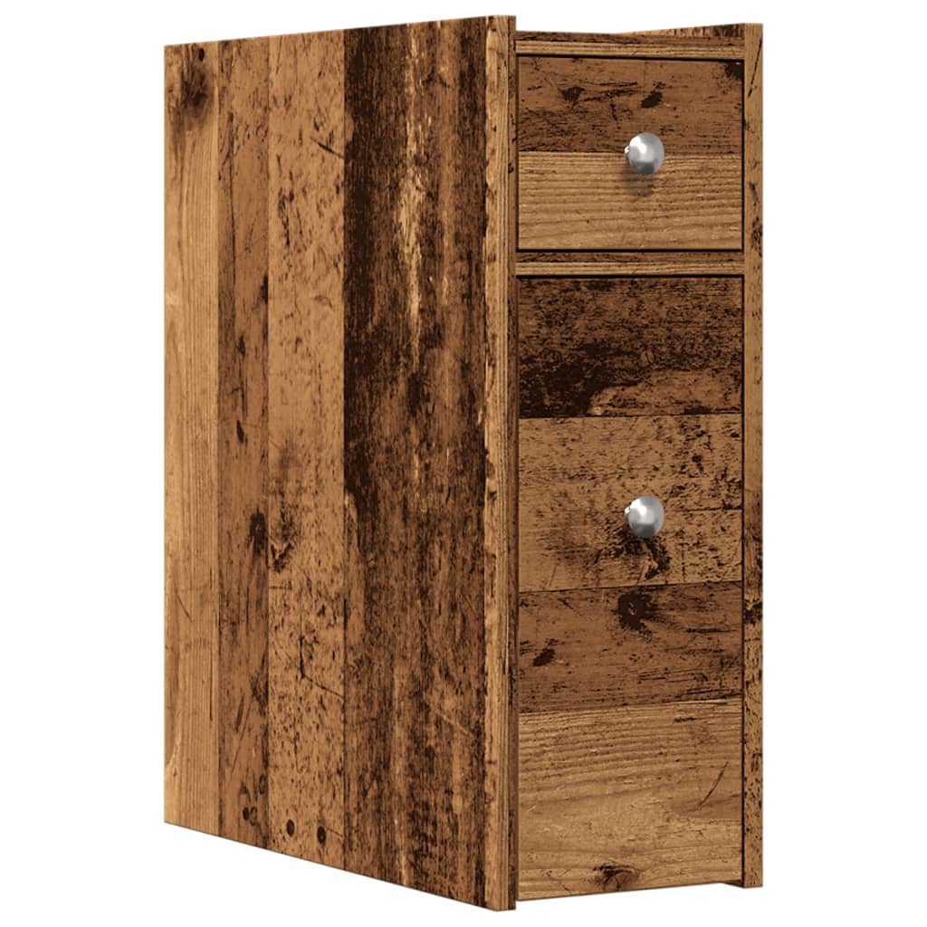 Badkamerkast smal met wielen bewerkt hout oud houtkleurig is nu te koop bij PeponiXL, paradijselijk wonen!
