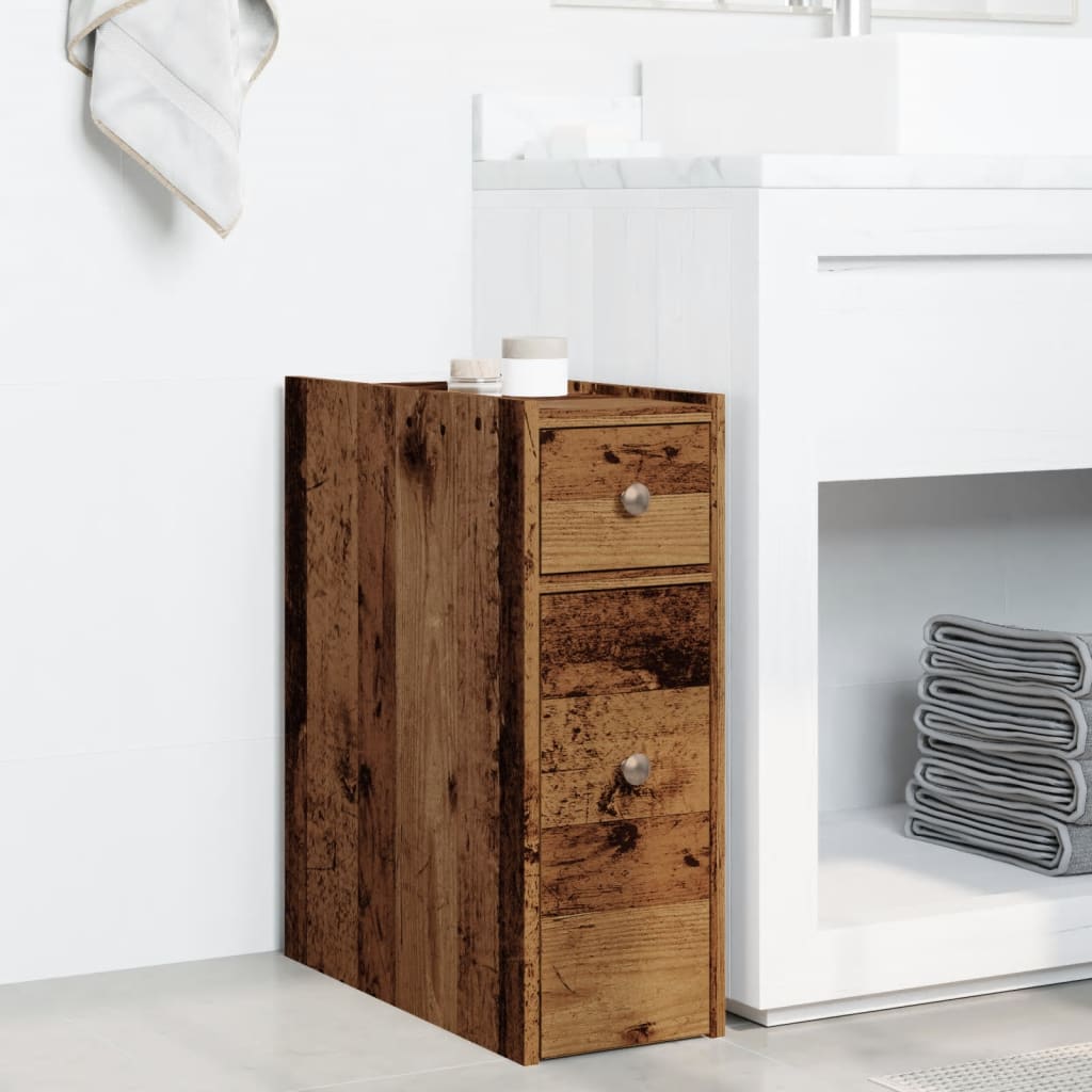 Badkamerkast smal met wielen bewerkt hout oud houtkleurig is nu te koop bij PeponiXL, paradijselijk wonen!