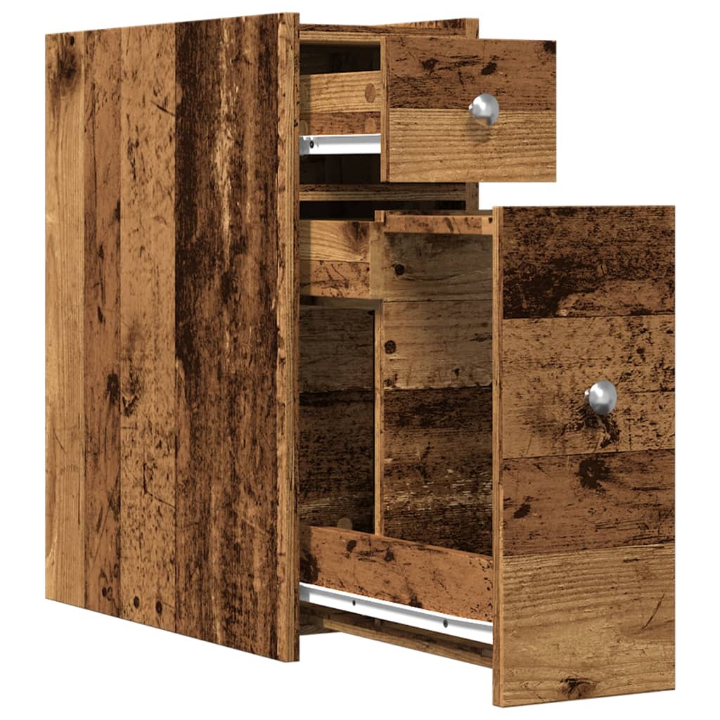 Badkamerkast smal met wielen bewerkt hout oud houtkleurig is nu te koop bij PeponiXL, paradijselijk wonen!