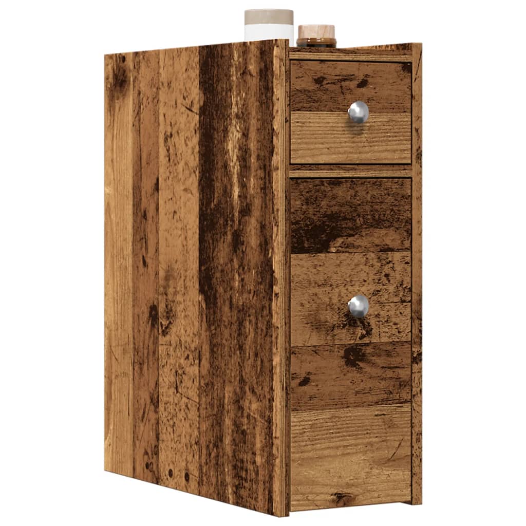 Badkamerkast smal met wielen bewerkt hout oud houtkleurig is nu te koop bij PeponiXL, paradijselijk wonen!