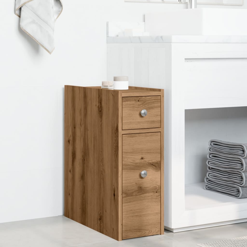 Badkamerkast smal met wielen bewerkt hout artisanaal eikenkleur is nu te koop bij PeponiXL, paradijselijk wonen!