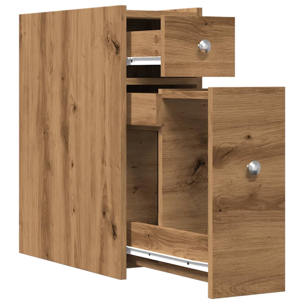 Badkamerkast smal met wielen bewerkt hout artisanaal eikenkleur is nu te koop bij PeponiXL, paradijselijk wonen!