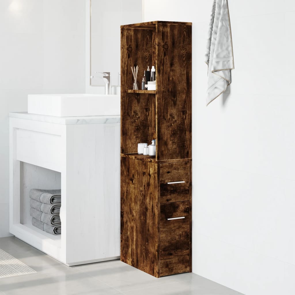 Badkamerkast smal met wielen bewerkt hout gerookt eikenkleurig is nu te koop bij PeponiXL, paradijselijk wonen!