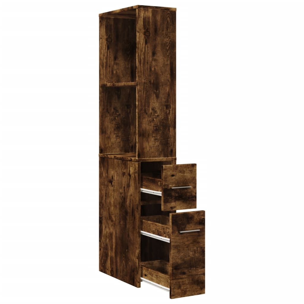 Badkamerkast smal met wielen bewerkt hout gerookt eikenkleurig is nu te koop bij PeponiXL, paradijselijk wonen!
