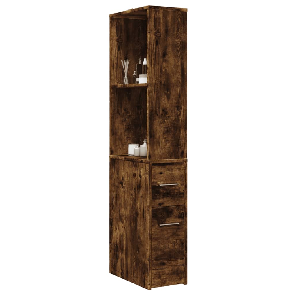 Badkamerkast smal met wielen bewerkt hout gerookt eikenkleurig is nu te koop bij PeponiXL, paradijselijk wonen!