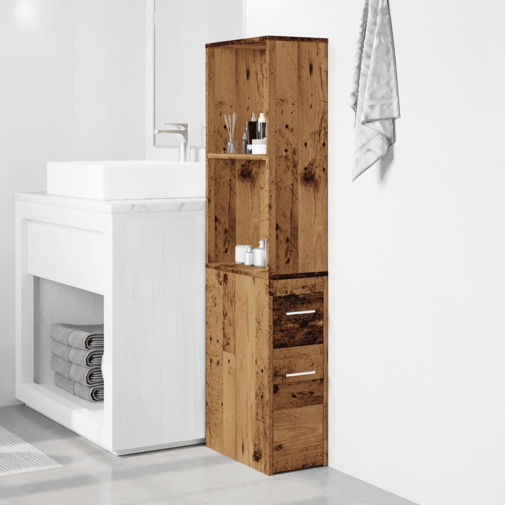 Badkamerkast smal met wielen bewerkt hout oud houtkleurig is nu te koop bij PeponiXL, paradijselijk wonen!