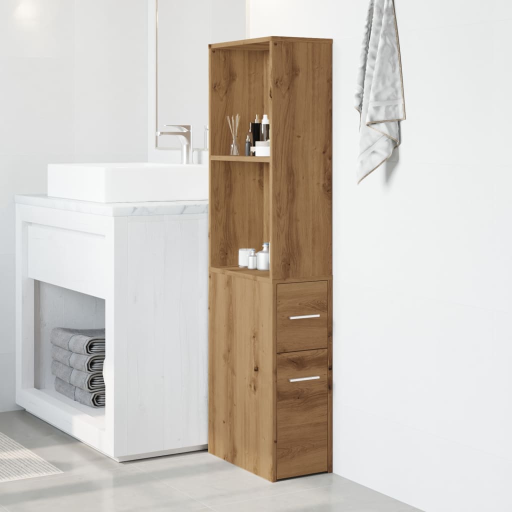 Badkamerkast smal met wielen bewerkt hout artisanaal eikenkleur is nu te koop bij PeponiXL, paradijselijk wonen!