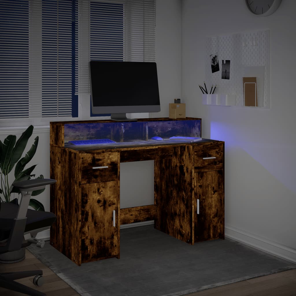 Bureau met LED-verlichting 120x55x91 cm hout gerookt eikenkleur is nu te koop bij PeponiXL, paradijselijk wonen!