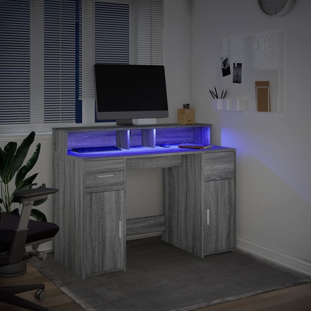 Bureau met LED-verlichting 120x55x91 cm hout grijs sonoma eiken is nu te koop bij PeponiXL, paradijselijk wonen!