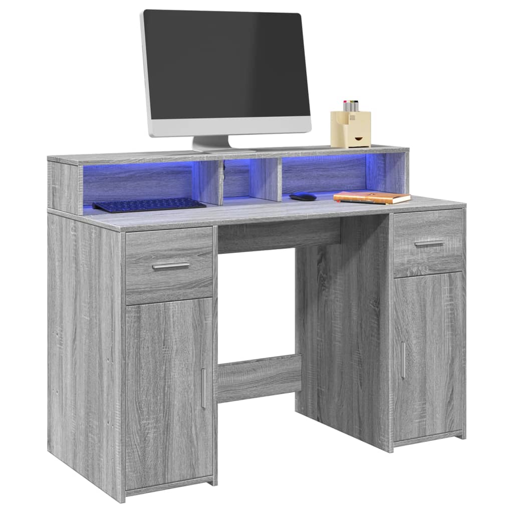 Bureau met LED-verlichting 120x55x91 cm hout grijs sonoma eiken is nu te koop bij PeponiXL, paradijselijk wonen!