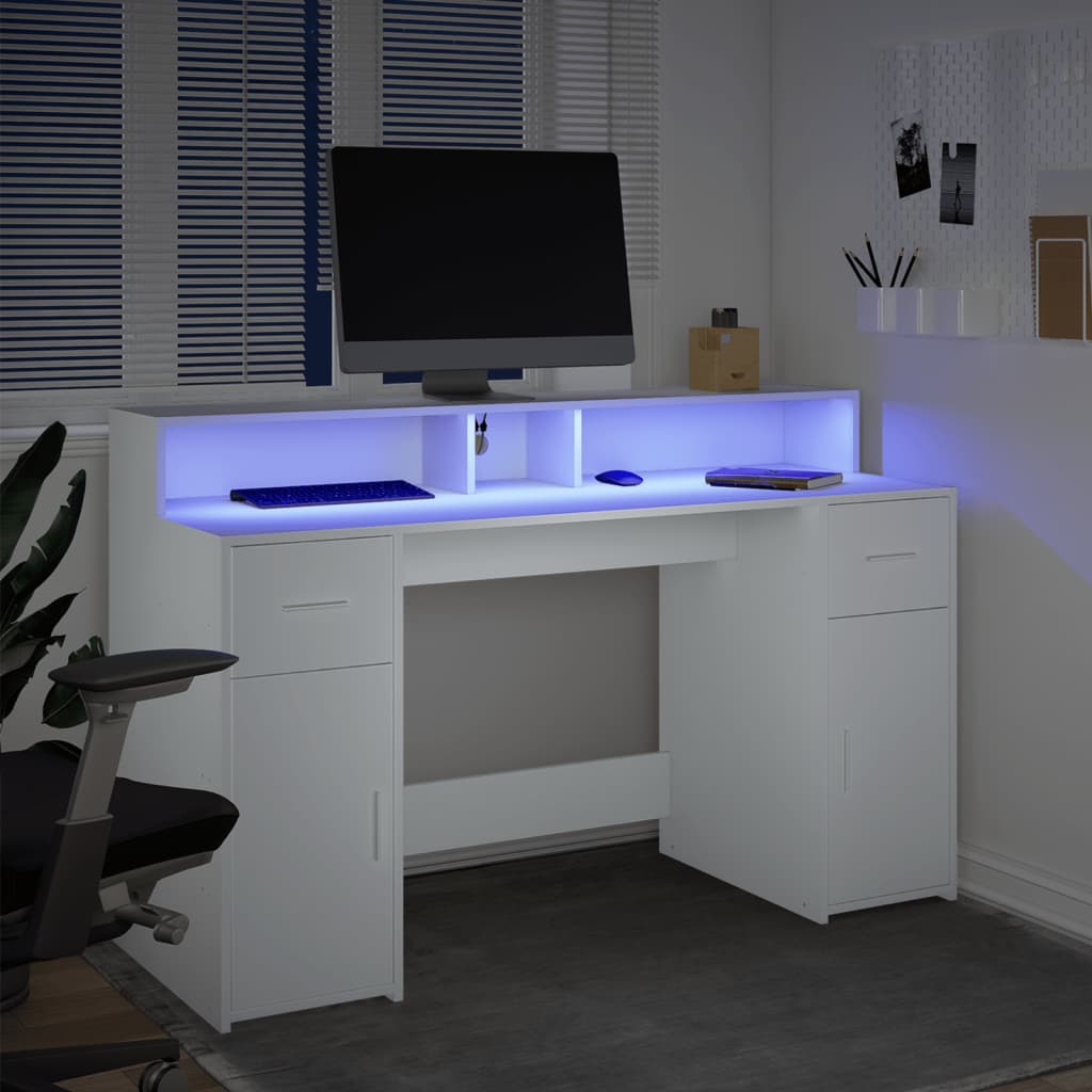 Bureau met LED-verlichting 140x55x91 cm bewerkt hout wit is nu te koop bij PeponiXL, paradijselijk wonen!
