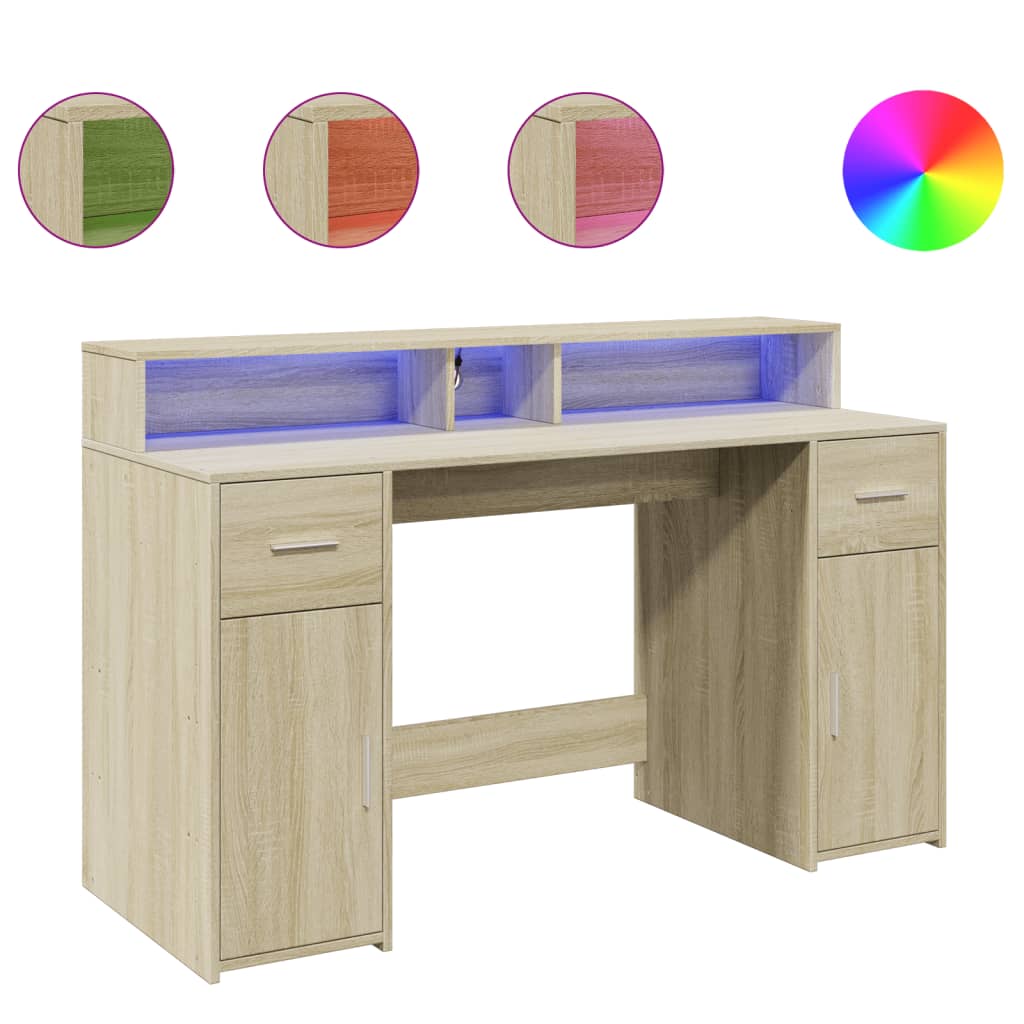 Bureau met LED-verlichting 140x55x91 cm hout sonoma eikenkleur is nu te koop bij PeponiXL, paradijselijk wonen!
