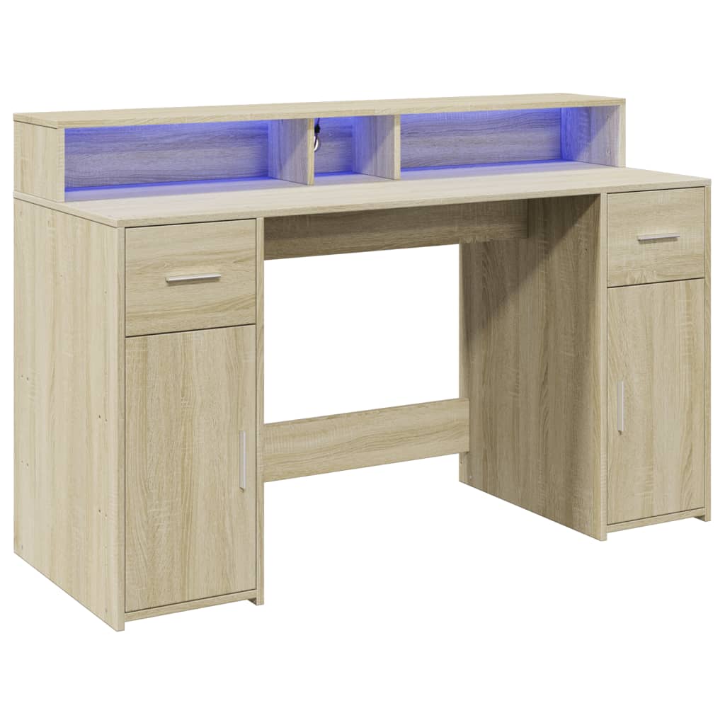 Bureau met LED-verlichting 140x55x91 cm hout sonoma eikenkleur is nu te koop bij PeponiXL, paradijselijk wonen!