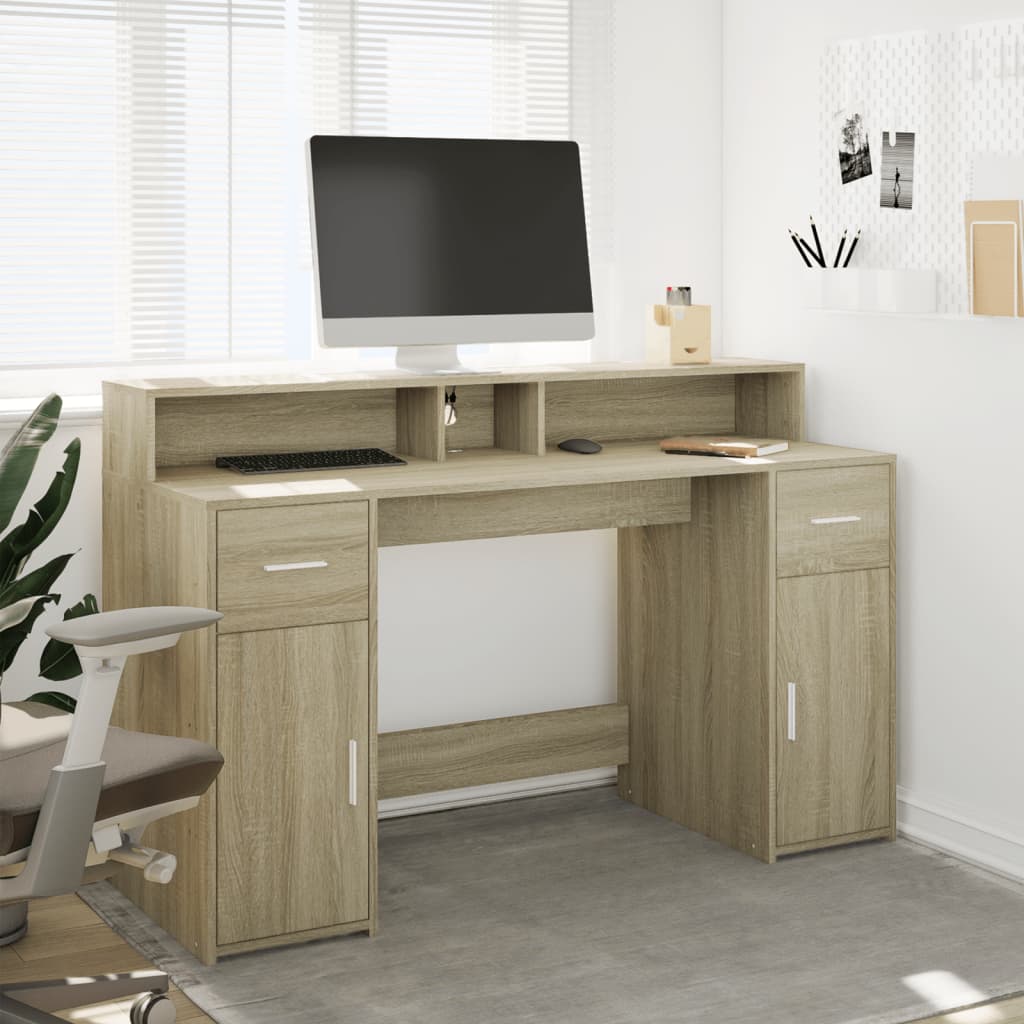 Bureau met LED-verlichting 140x55x91 cm hout sonoma eikenkleur is nu te koop bij PeponiXL, paradijselijk wonen!