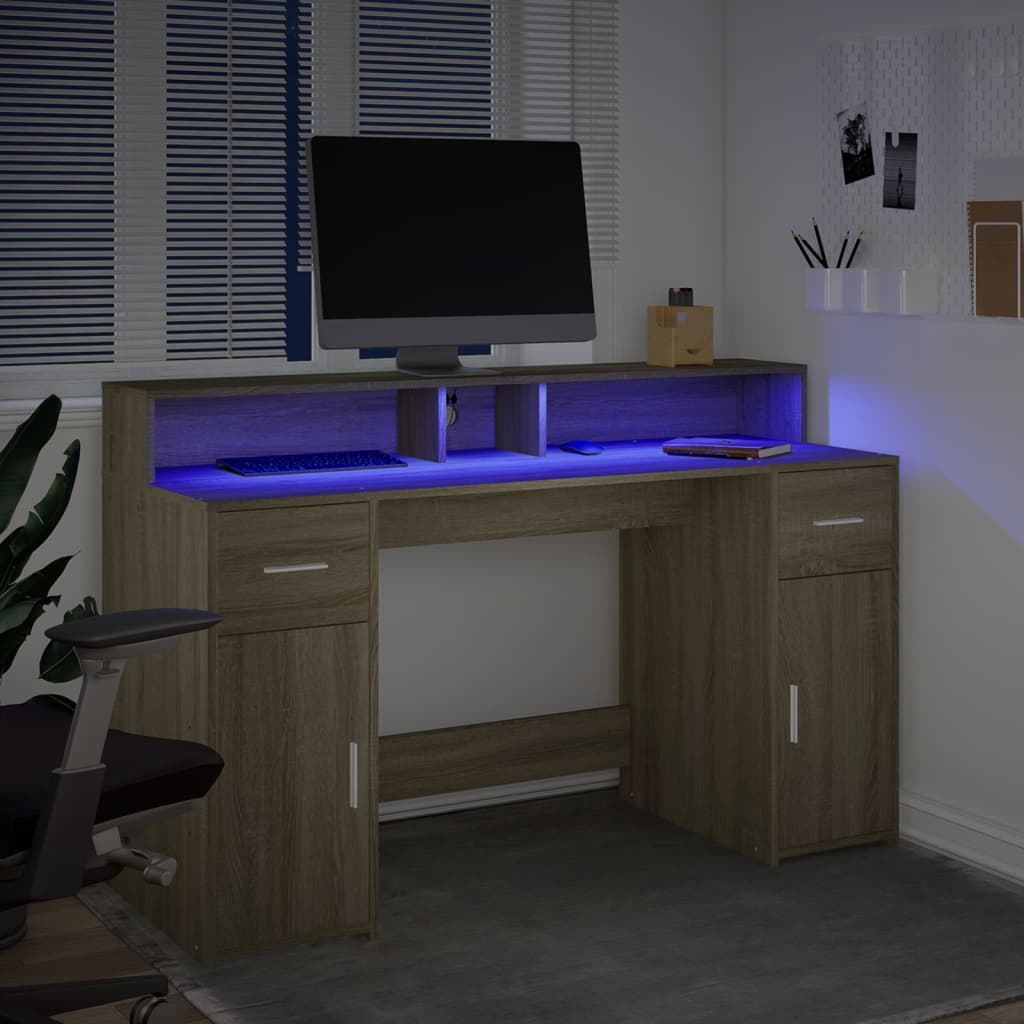 Bureau met LED-verlichting 140x55x91 cm hout sonoma eikenkleur is nu te koop bij PeponiXL, paradijselijk wonen!