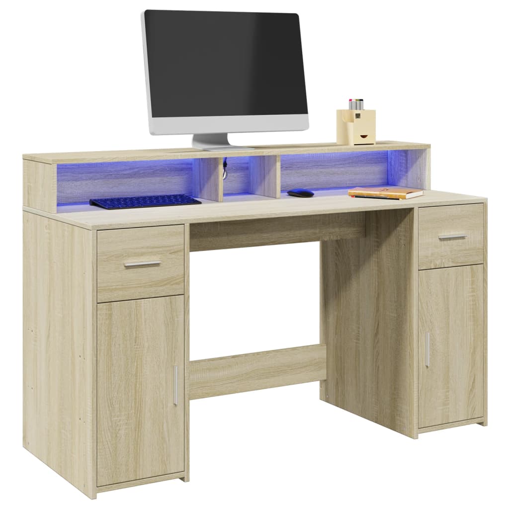 Bureau met LED-verlichting 140x55x91 cm hout sonoma eikenkleur is nu te koop bij PeponiXL, paradijselijk wonen!